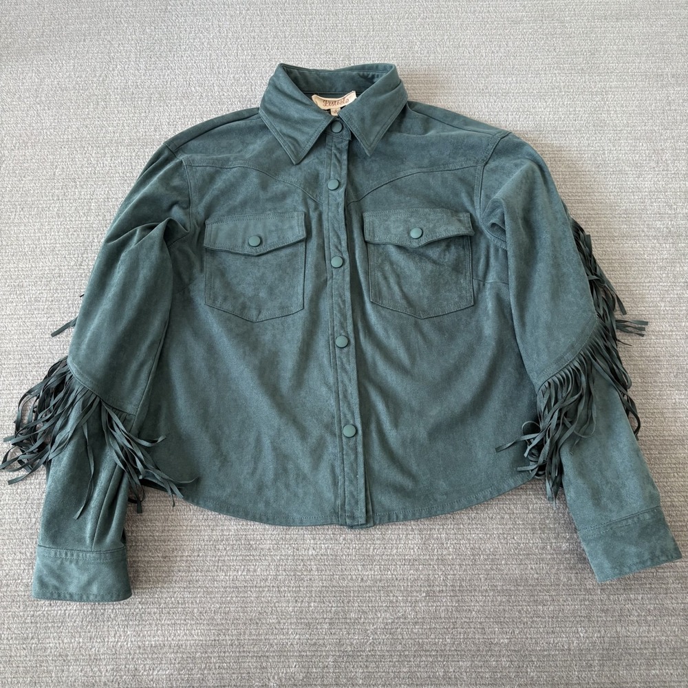 Listicle Faux Suede Jacket Womens S Teal Green Fringe Rodeo Cowgirl Festival